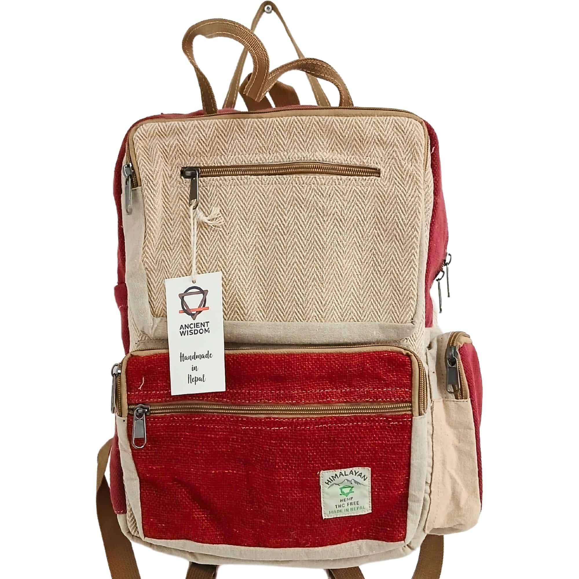 Großer kastenförmiger Hanf-Rucksack - Weinrot & Creme – Bild 3