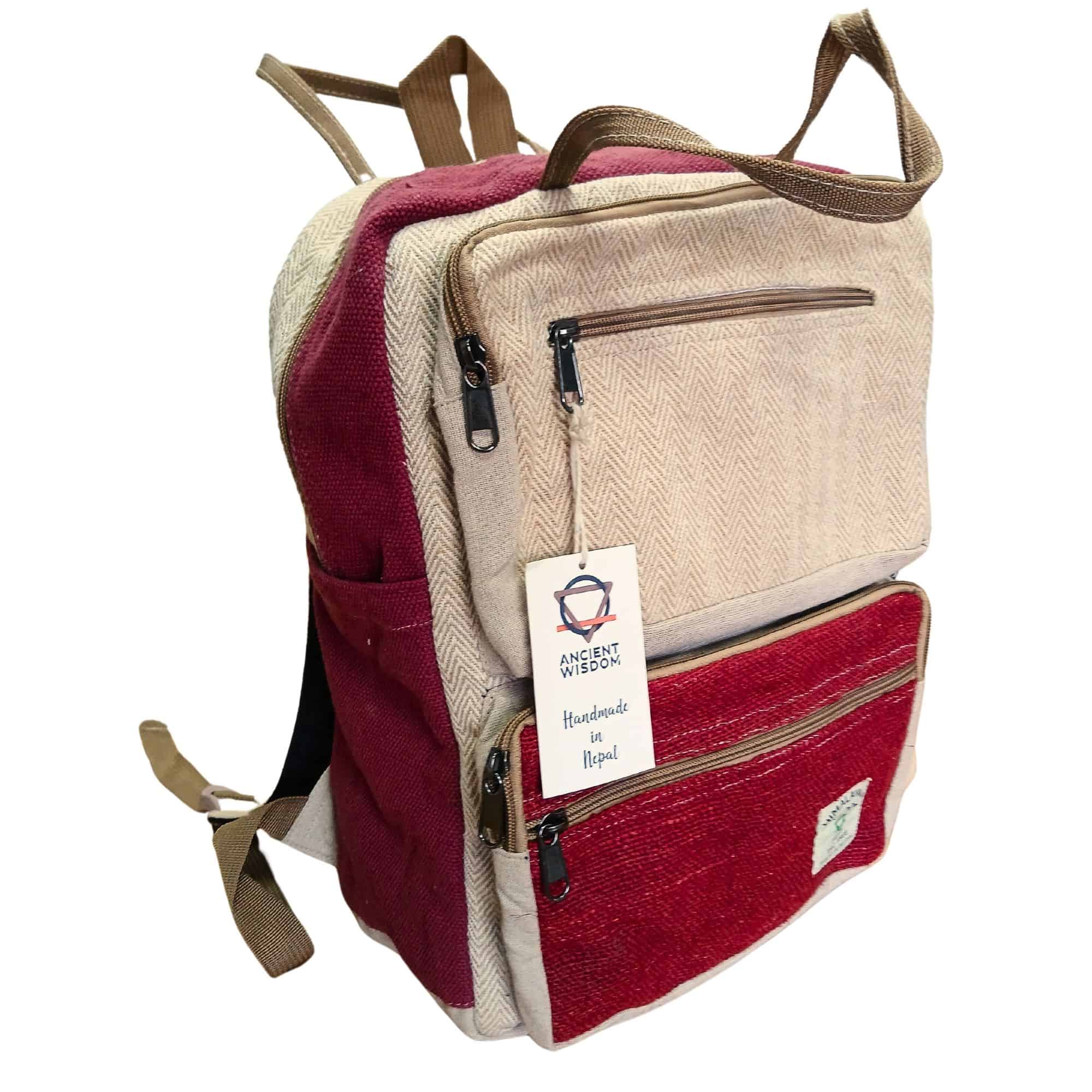 Großer kastenförmiger Hanf-Rucksack - Weinrot & Creme – Bild 2