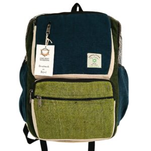 Großer, kastenförmiger Hanf-Rucksack – Petrol und Salbeigrün