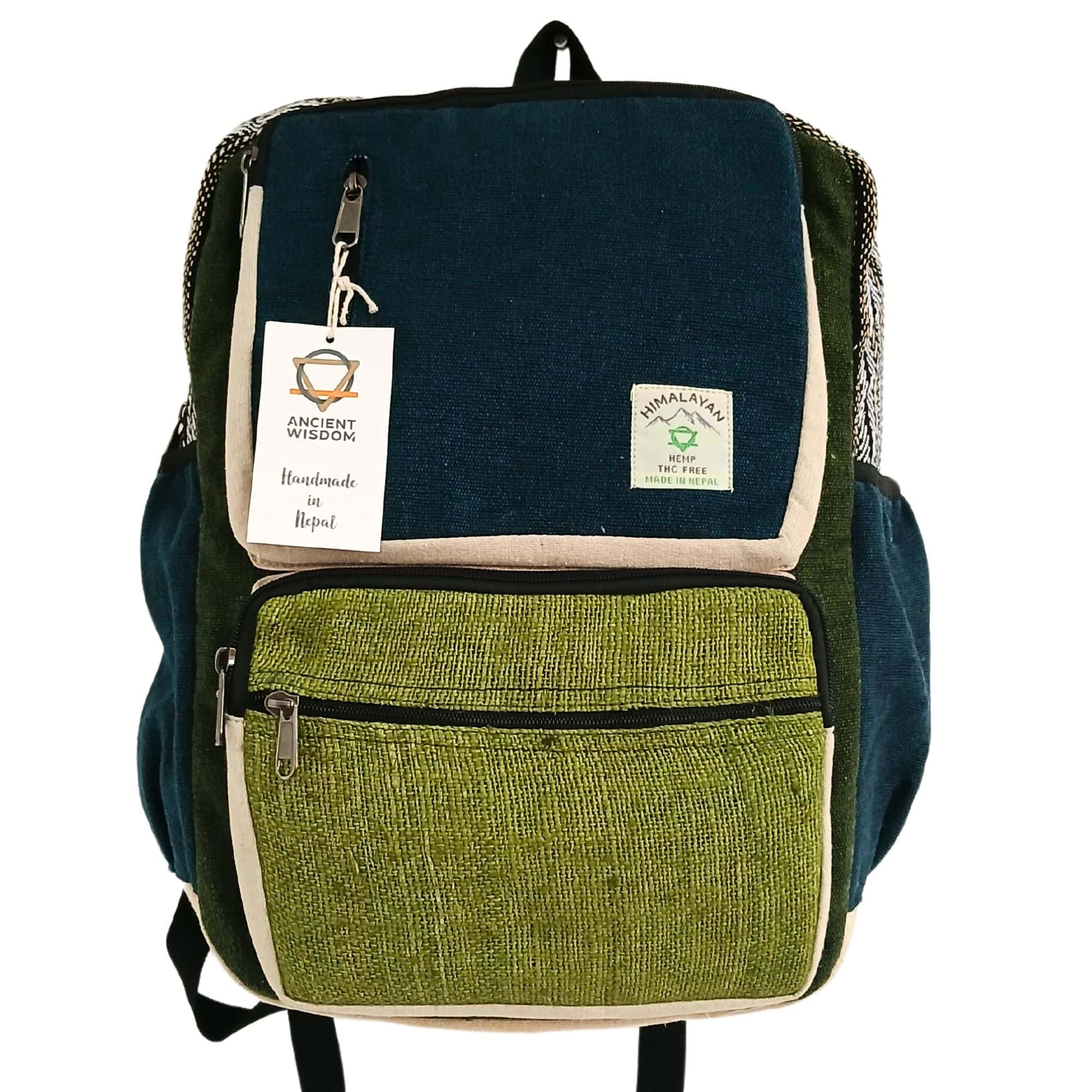 Großer, kastenförmiger Hanf-Rucksack – Petrol und Salbeigrün